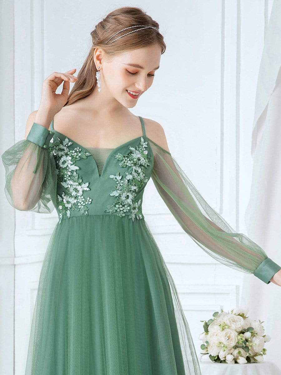 Color=Green Bean | Romantic Spaghetti Straps Sheer Sleeves Applique Tulle Bridesmaid Dresses-Green Bean 5 Color=Green Bean | Romantic Spaghetti Straps Sheer Sleeves Applique Tulle Bridesmaid Dresses-Green Bean 5
