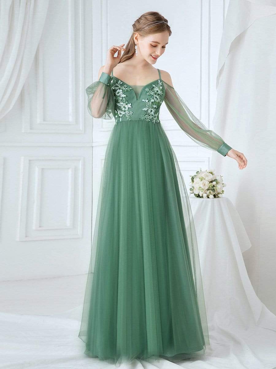 Color=Green Bean | Romantic Spaghetti Straps Sheer Sleeves Applique Tulle Bridesmaid Dresses-Green Bean 1 Color=Green Bean | Romantic Spaghetti Straps Sheer Sleeves Applique Tulle Bridesmaid Dresses-Green Bean 1