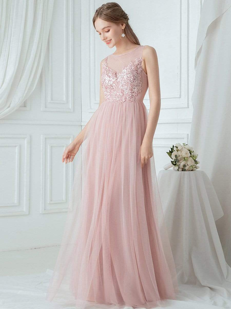 Color=Pink | Elegant Round Neck Tulle Applique Bridesmaid Dress-Pink 3 Color=Pink | Elegant Round Neck Tulle Applique Bridesmaid Dress-Pink 3