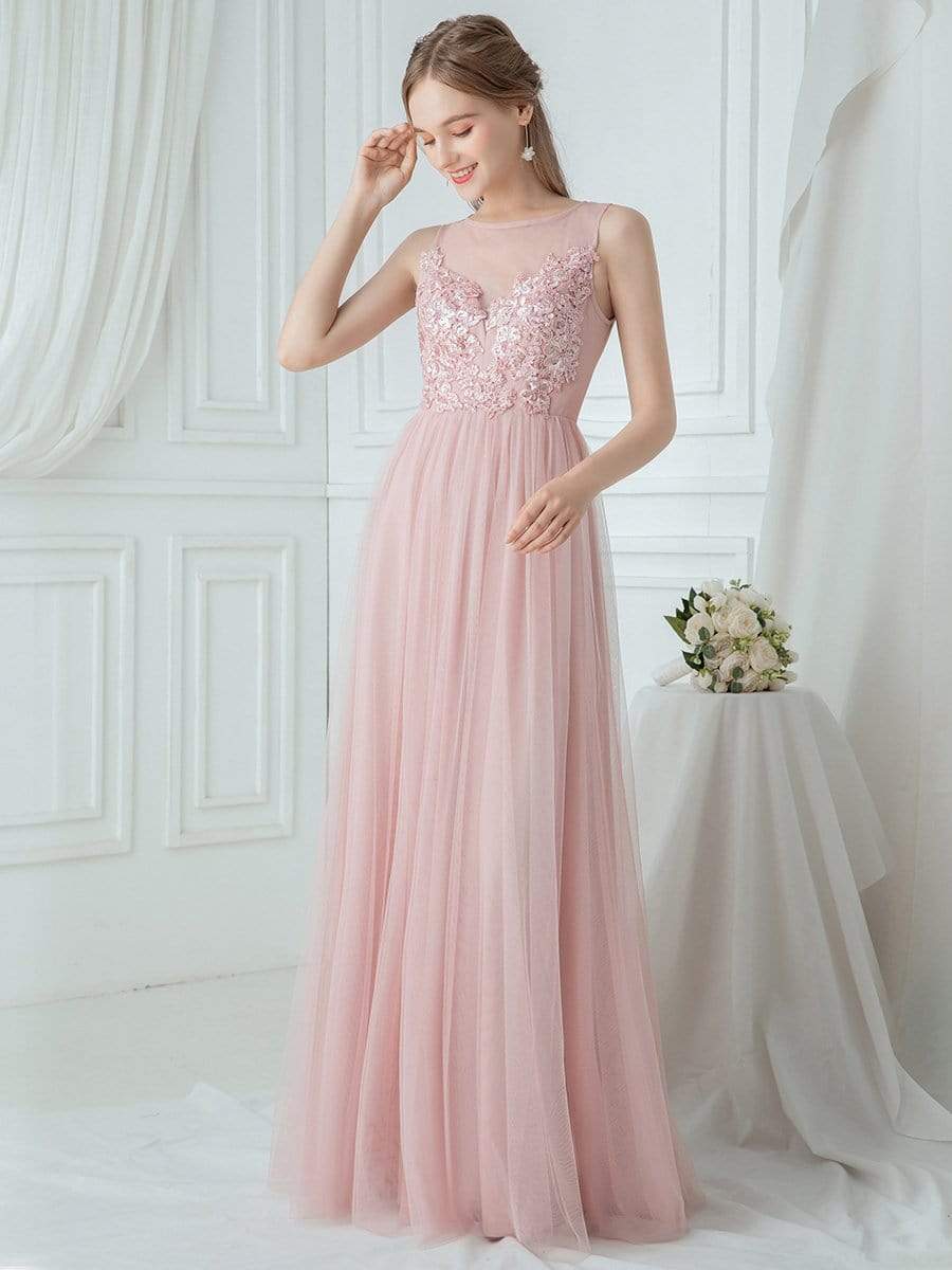 Color=Pink | Elegant Round Neck Tulle Applique Bridesmaid Dress-Pink 4 Color=Pink | Elegant Round Neck Tulle Applique Bridesmaid Dress-Pink 4