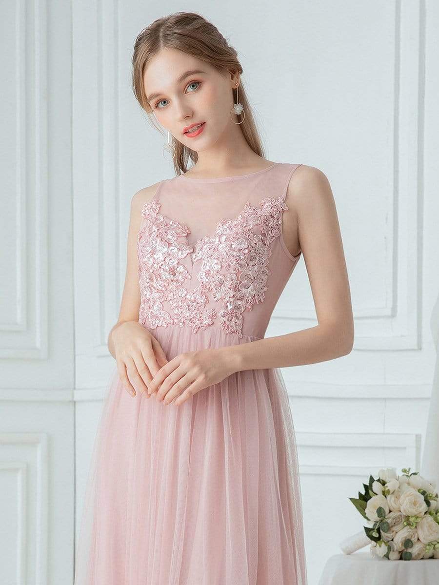Color=Pink | Elegant Round Neck Tulle Applique Bridesmaid Dress-Pink 5 Color=Pink | Elegant Round Neck Tulle Applique Bridesmaid Dress-Pink 5