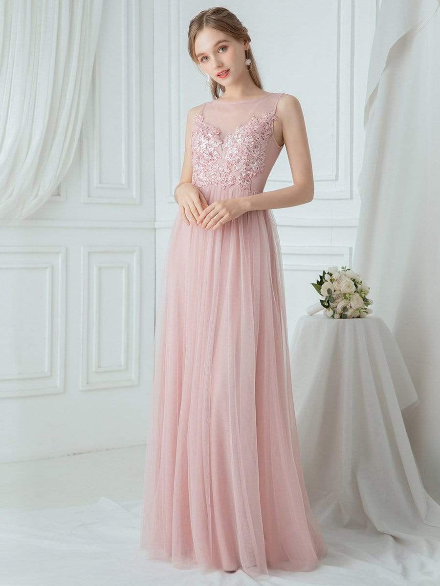 Color=Pink | Elegant Round Neck Tulle Applique Bridesmaid Dress-Pink 1 Color=Pink | Elegant Round Neck Tulle Applique Bridesmaid Dress-Pink 1