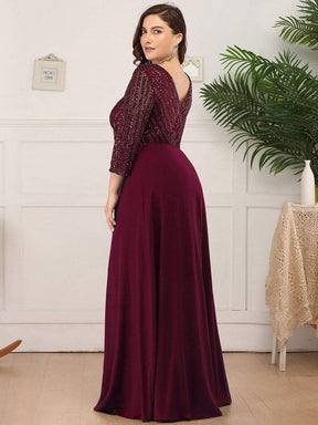 Color=Burgundy | Sexy V Neck A-Line Sequin Evening Dress-Burgundy 12