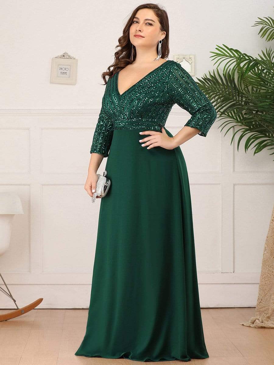 Color=Dark Green | Sexy V Neck A-Line Plus Size Sequin Evening Dress With Sleeve-Dark Green 3 Color=Dark Green | Sexy V Neck A-Line Plus Size Sequin Evening Dress With Sleeve-Dark Green 3