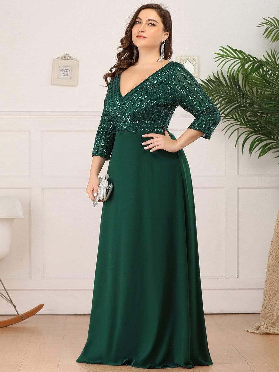 Color=Dark Green | Sexy V Neck A-Line Plus Size Sequin Evening Dress With Sleeve-Dark Green 3