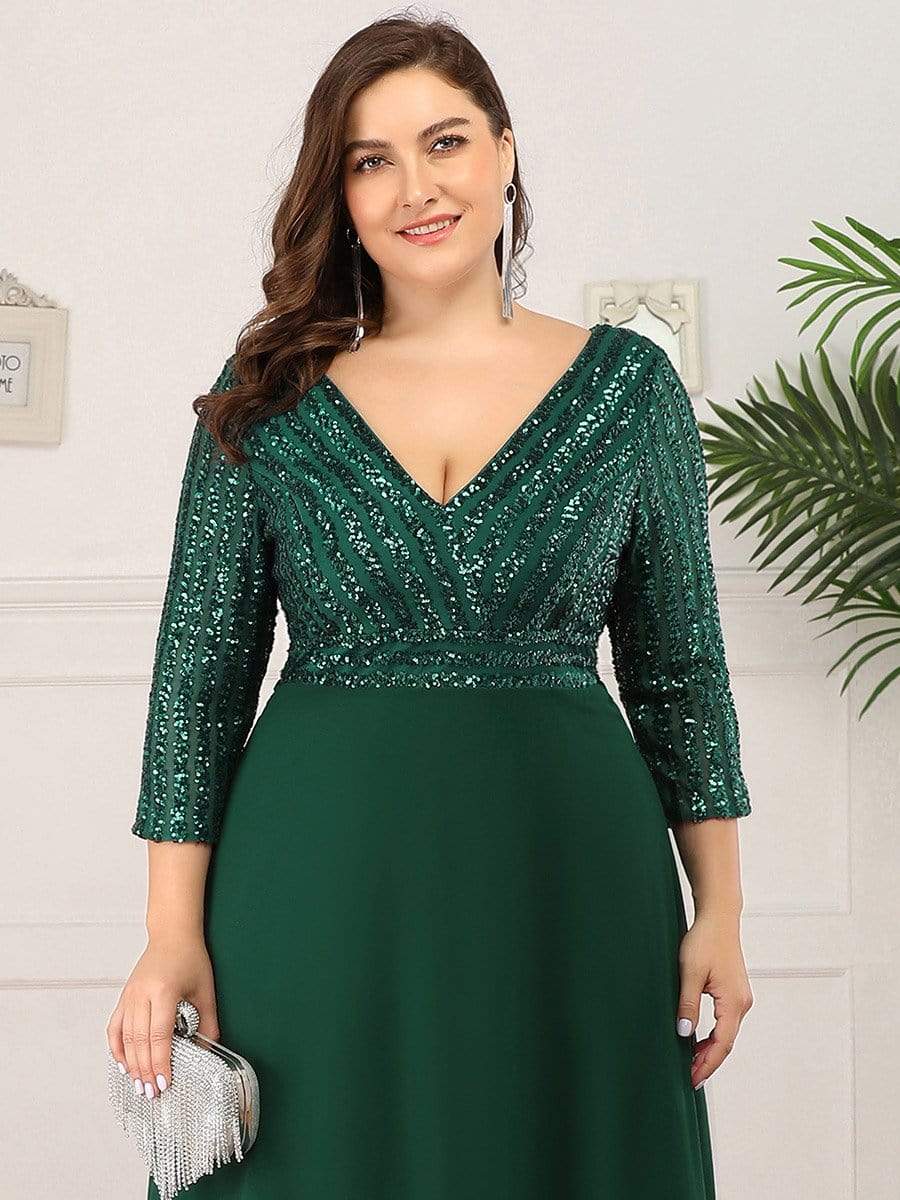 Color=Dark Green | Sexy V Neck A-Line Plus Size Sequin Evening Dress With Sleeve-Dark Green 5 Color=Dark Green | Sexy V Neck A-Line Plus Size Sequin Evening Dress With Sleeve-Dark Green 5