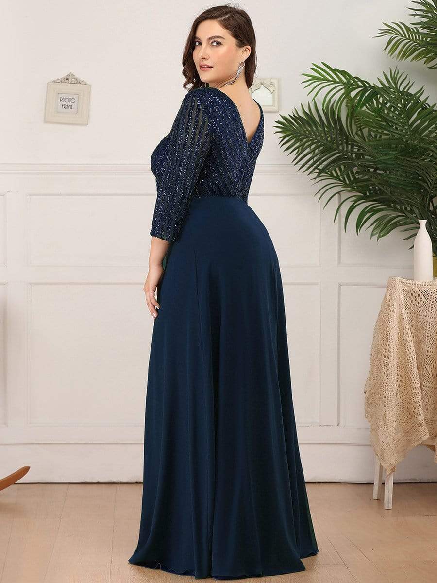 Color=Navy Blue | Sexy V Neck A-Line Plus Size Sequin Evening Dress With Sleeve-Navy Blue 2 Color=Navy Blue | Sexy V Neck A-Line Plus Size Sequin Evening Dress With Sleeve-Navy Blue 2