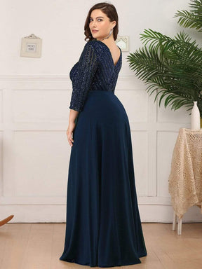 Color=Navy Blue | Sexy V Neck A-Line Plus Size Sequin Evening Dress With Sleeve-Navy Blue 2