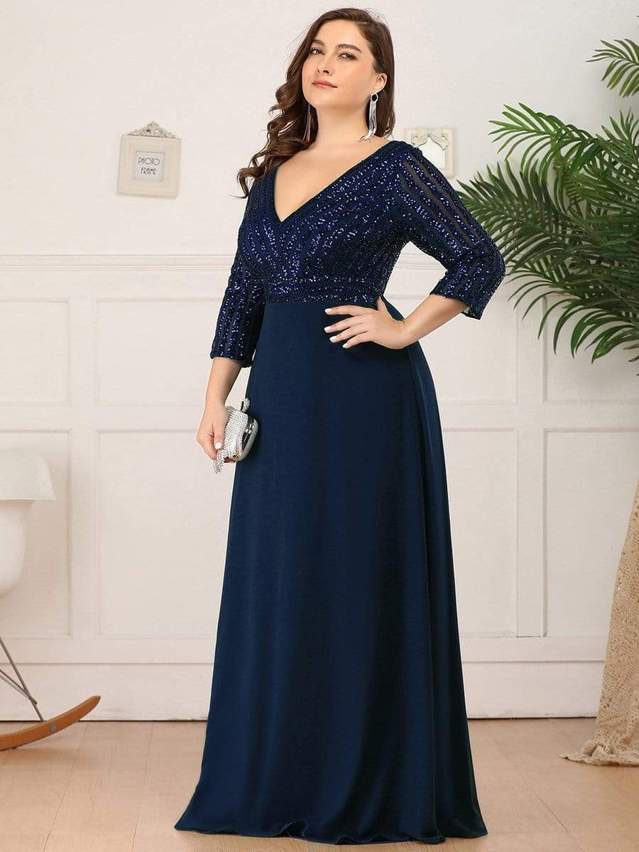 Color=Navy Blue | Sexy V Neck A-Line Plus Size Sequin Evening Dress With Sleeve-Navy Blue 3