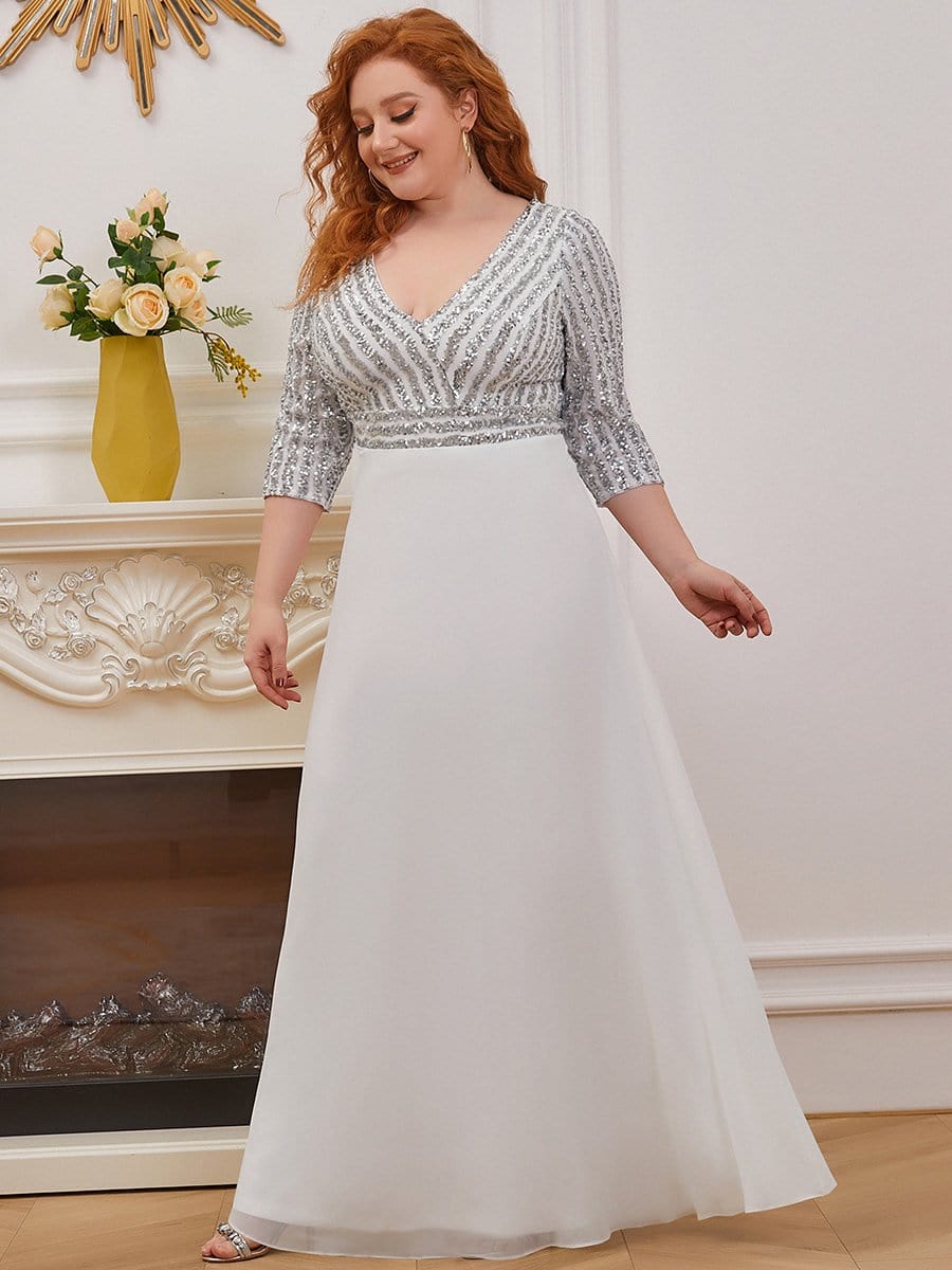 Color=White | Sexy V Neck A-Line Plus Size Sequin Evening Dress With Sleeve-White 1