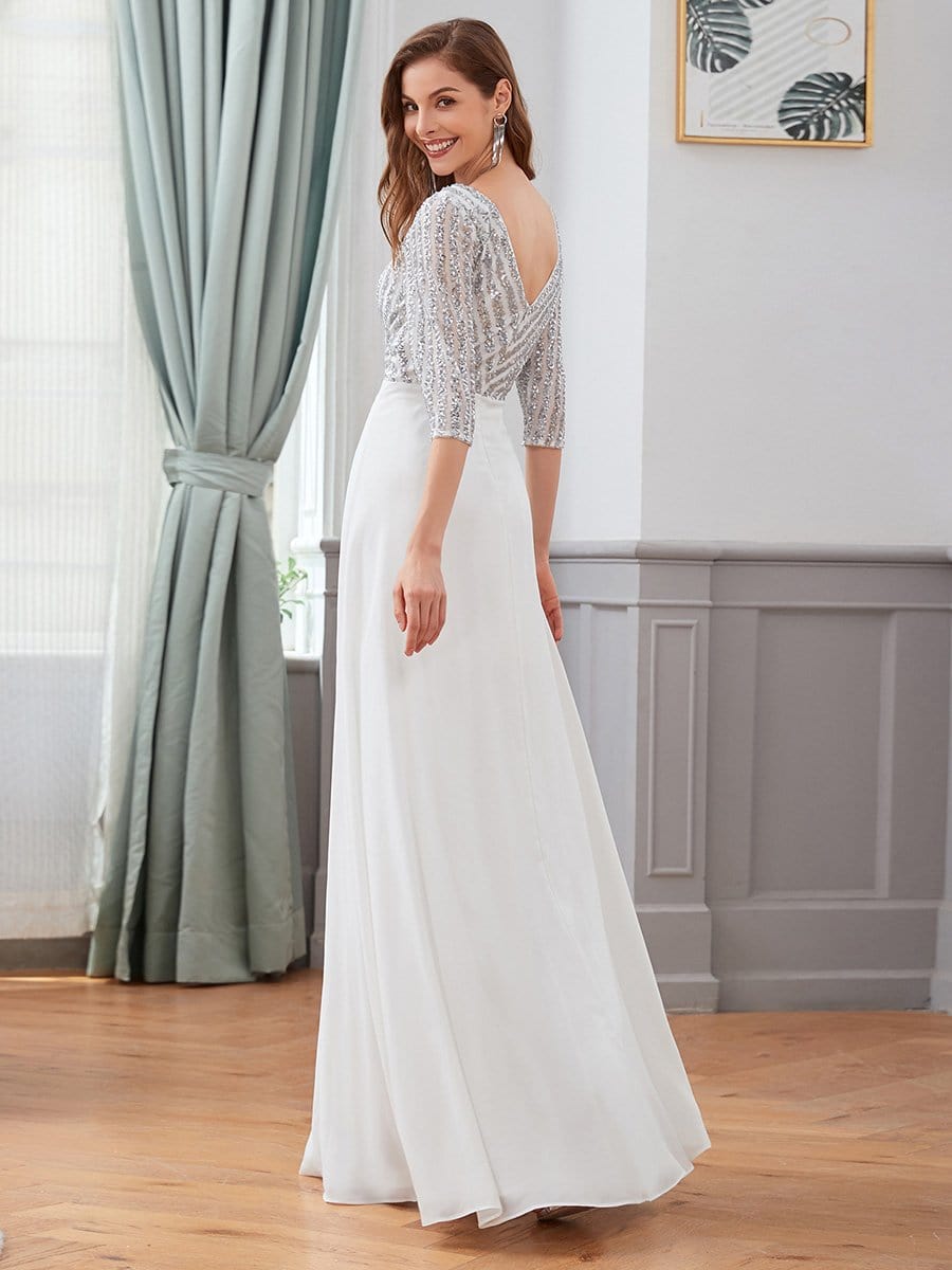 Color=White | Sexy V Neck A-Line Sequin Evening Dress-White 5 Color=White | Sexy V Neck A-Line Sequin Evening Dress-White 5