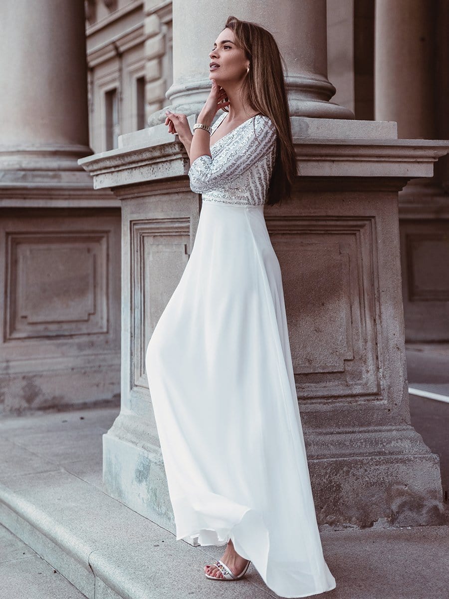 Color=White | Sexy V Neck A-Line Sequin Evening Dress-White 1 Color=White | Sexy V Neck A-Line Sequin Evening Dress-White 1