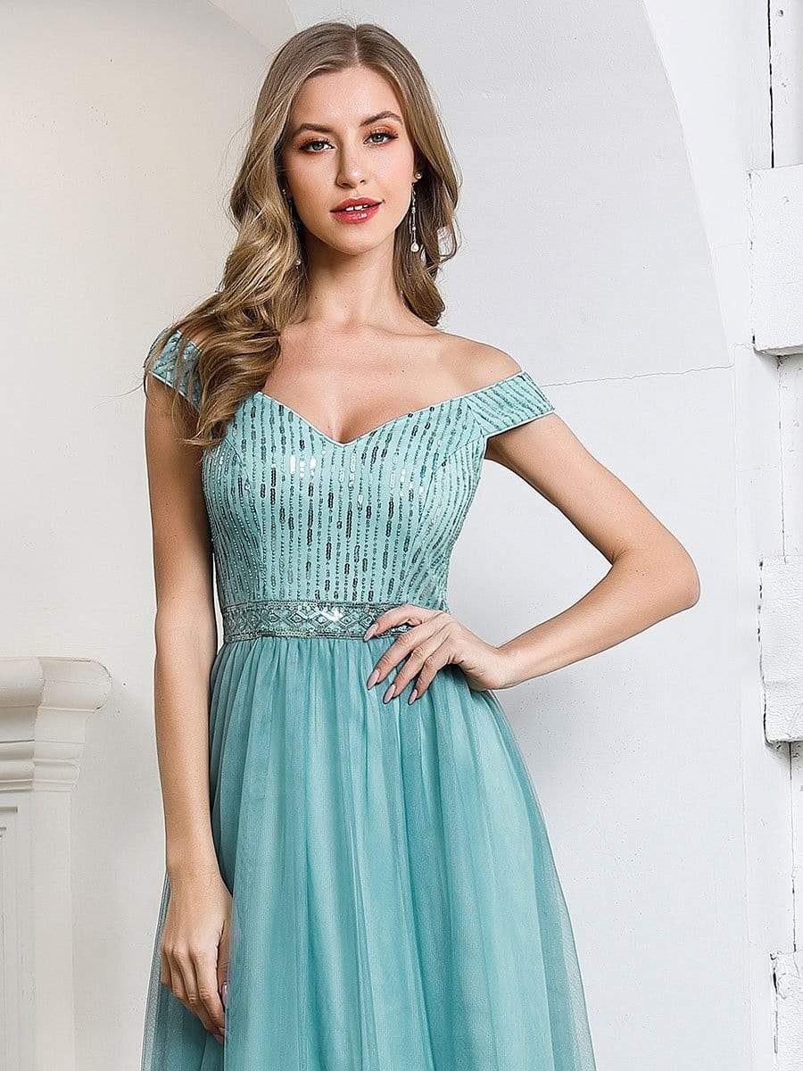 Color=Dusty Blue | Off Shoulder Flowy Tulle Bridesmaid Dress with Sequin Belt-Dusty Blue-5 Color=Dusty Blue | Off Shoulder Flowy Tulle Bridesmaid Dress with Sequin Belt-Dusty Blue-5