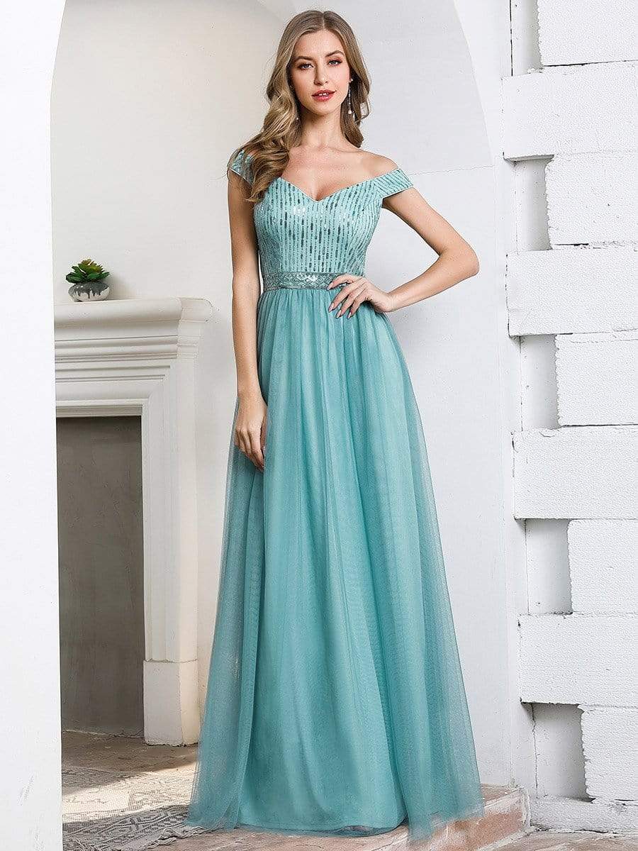 Color=Dusty Blue | Off Shoulder Flowy Tulle Bridesmaid Dress with Sequin Belt-Dusty Blue-1 Color=Dusty Blue | Off Shoulder Flowy Tulle Bridesmaid Dress with Sequin Belt-Dusty Blue-1