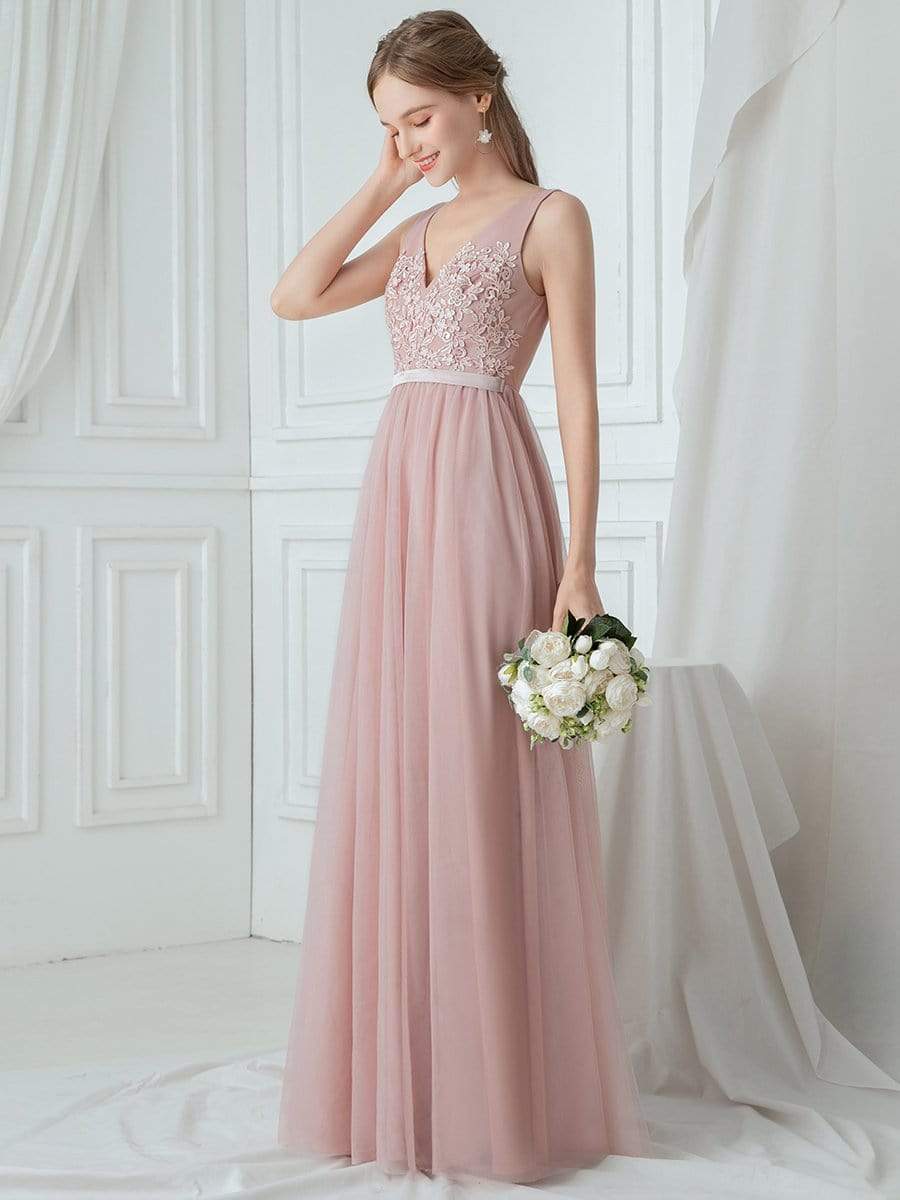 Color=Blush | V-Neck Floor Length Appliqued Tulle Bridesmaid Dress-Blush 3 Color=Blush | V-Neck Floor Length Appliqued Tulle Bridesmaid Dress-Blush 3