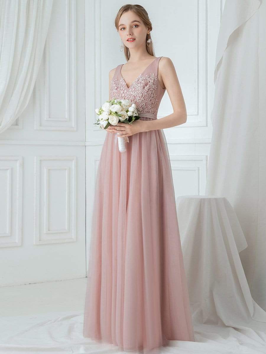 Color=Blush | V-Neck Floor Length Appliqued Tulle Bridesmaid Dress-Blush 4 Color=Blush | V-Neck Floor Length Appliqued Tulle Bridesmaid Dress-Blush 4