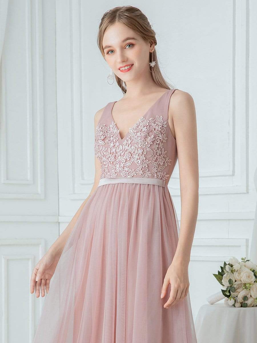 Color=Blush | V-Neck Floor Length Appliqued Tulle Bridesmaid Dress-Blush 5 Color=Blush | V-Neck Floor Length Appliqued Tulle Bridesmaid Dress-Blush 5