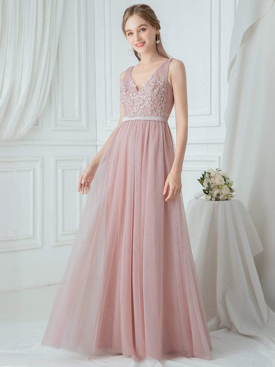 Color=Blush | V-Neck Floor Length Appliqued Tulle Bridesmaid Dress-Blush 1 Color=Blush | V-Neck Floor Length Appliqued Tulle Bridesmaid Dress-Blush 1