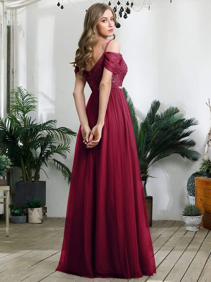 Color=Burgundy | A-Line Sweetheart Neckline Ruffle Sleeve Tulle Bridesmaid Dress With Sequin-Burgundy 7 Color=Burgundy | A-Line Sweetheart Neckline Ruffle Sleeve Tulle Bridesmaid Dress With Sequin-Burgundy 7