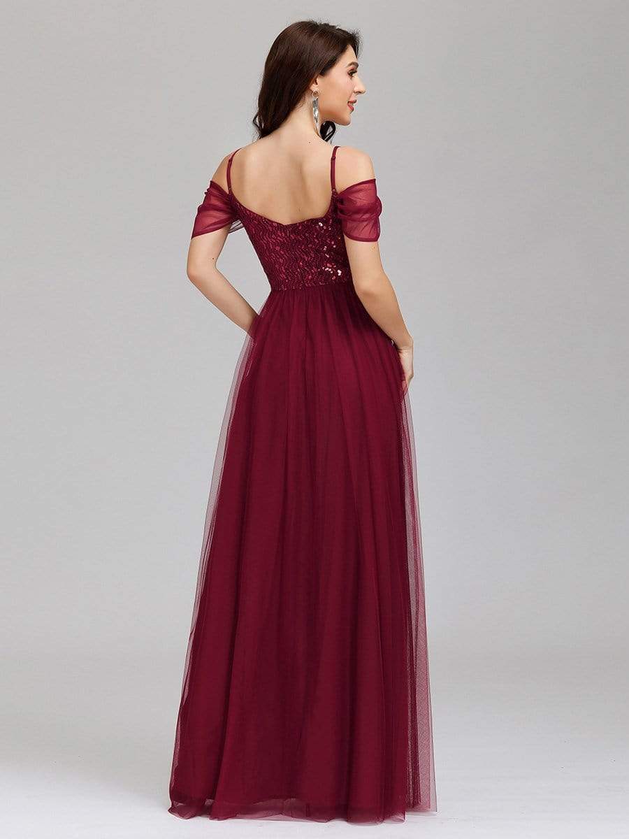 Color=Burgundy | A-Line Sweetheart Neckline Ruffle Sleeve Tulle Bridesmaid Dress With Sequin-Burgundy 2 Color=Burgundy | A-Line Sweetheart Neckline Ruffle Sleeve Tulle Bridesmaid Dress With Sequin-Burgundy 2