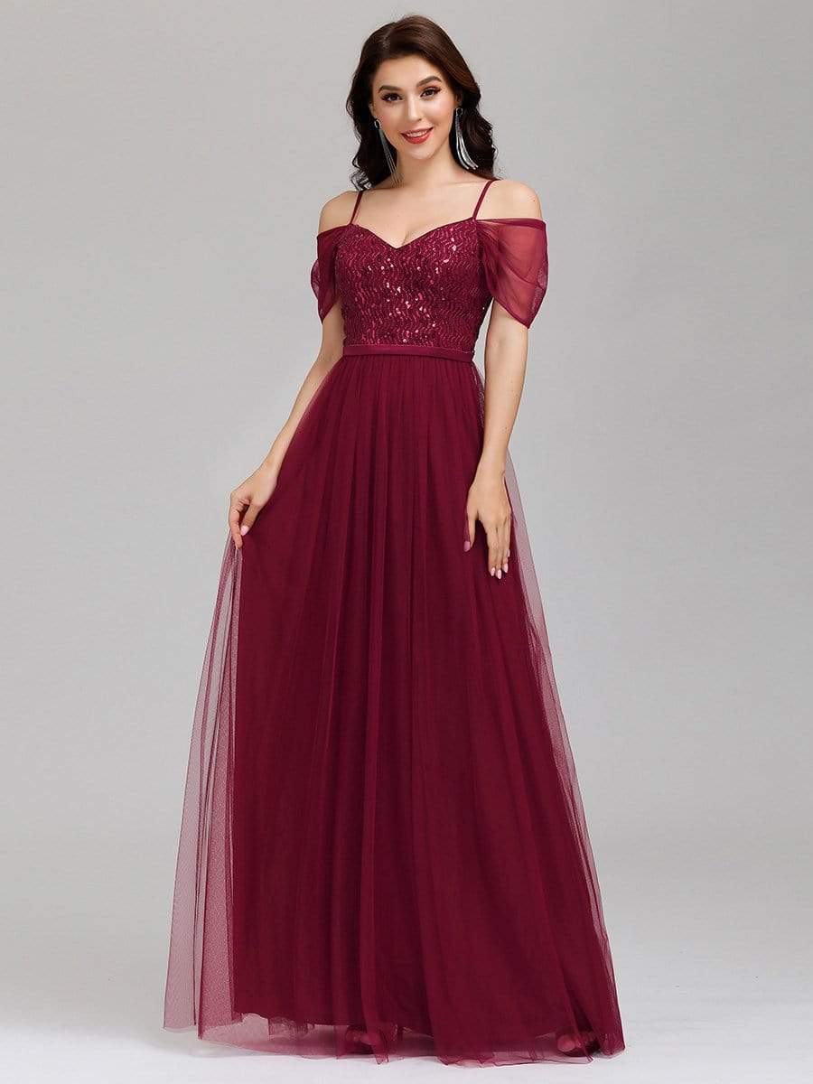 Color=Burgundy | A-Line Sweetheart Neckline Ruffle Sleeve Tulle Bridesmaid Dress With Sequin-Burgundy 3 Color=Burgundy | A-Line Sweetheart Neckline Ruffle Sleeve Tulle Bridesmaid Dress With Sequin-Burgundy 3