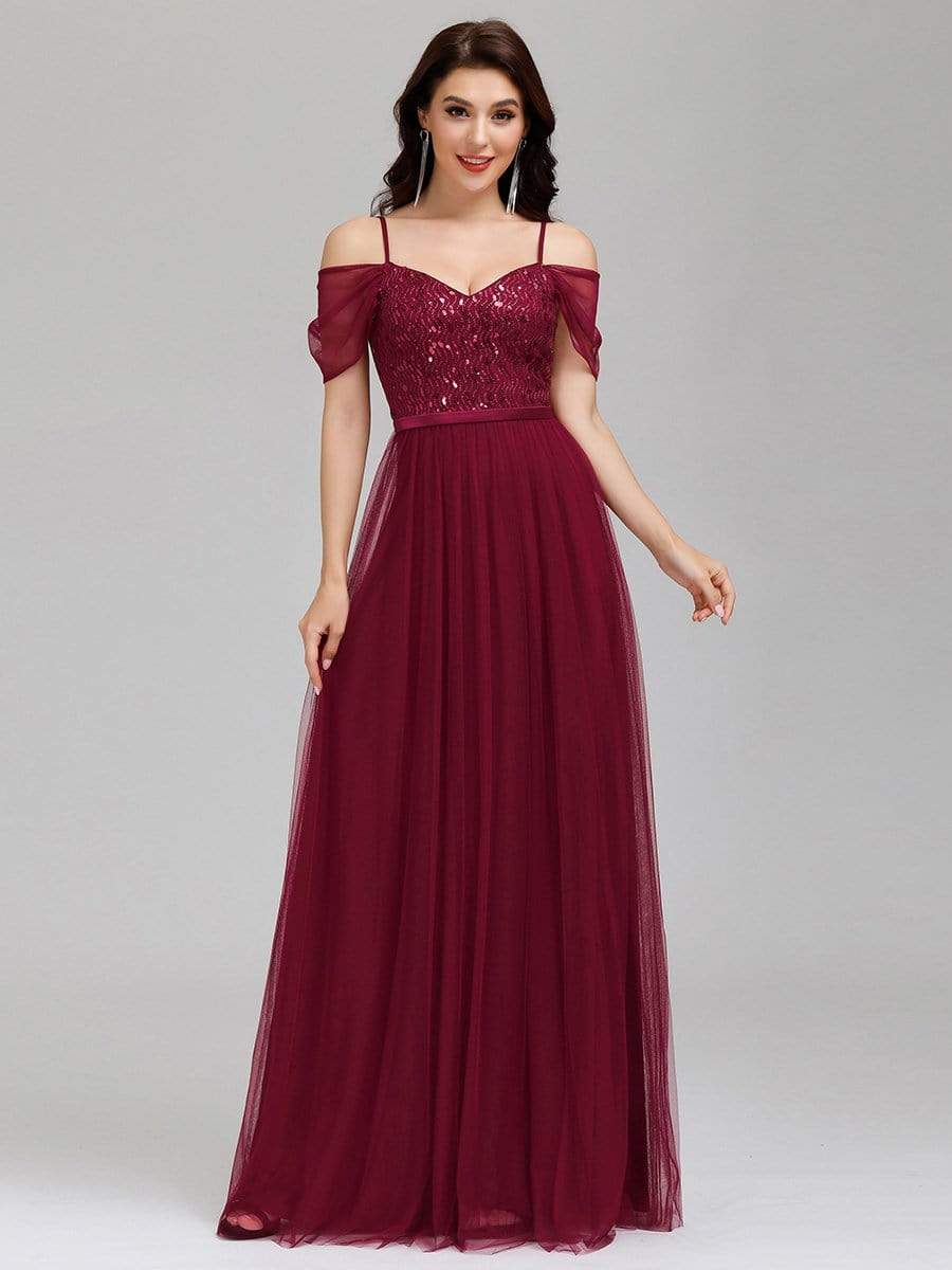 Color=Burgundy | A-Line Sweetheart Neckline Ruffle Sleeve Tulle Bridesmaid Dress With Sequin-Burgundy 1 Color=Burgundy | A-Line Sweetheart Neckline Ruffle Sleeve Tulle Bridesmaid Dress With Sequin-Burgundy 1