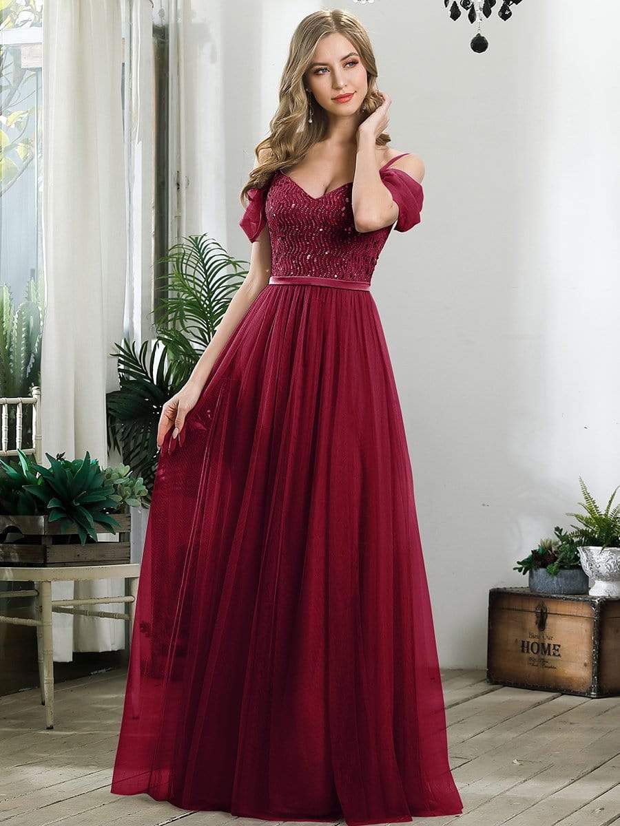 Color=Burgundy | A-Line Sweetheart Neckline Ruffle Sleeve Tulle Bridesmaid Dress With Sequin-Burgundy 6 Color=Burgundy | A-Line Sweetheart Neckline Ruffle Sleeve Tulle Bridesmaid Dress With Sequin-Burgundy 6
