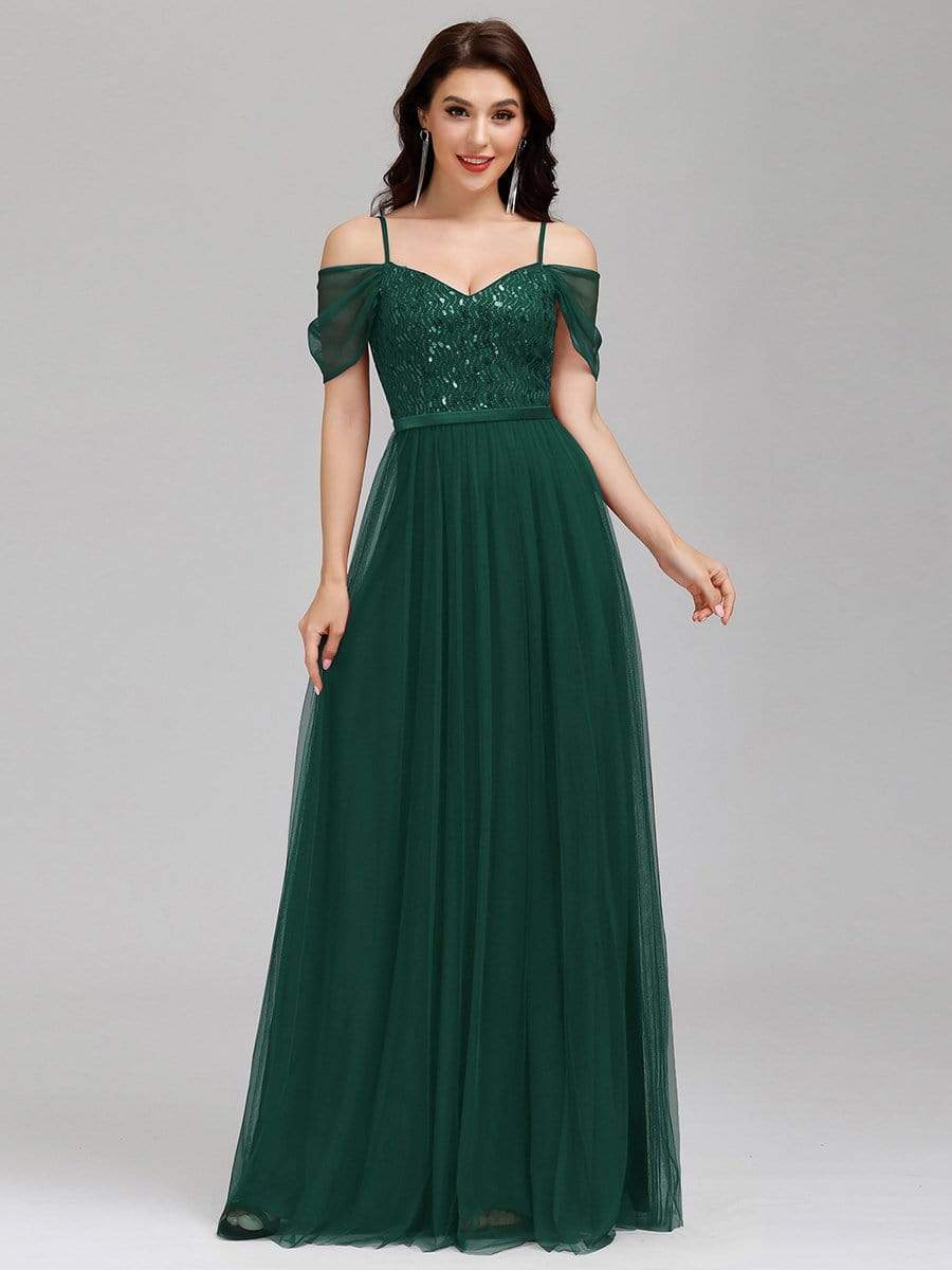 Color=Dark Green | A-Line Sweetheart Neckline Ruffle Sleeve Tulle Bridesmaid Dress With Sequin-Dark Green 4 Color=Dark Green | A-Line Sweetheart Neckline Ruffle Sleeve Tulle Bridesmaid Dress With Sequin-Dark Green 4
