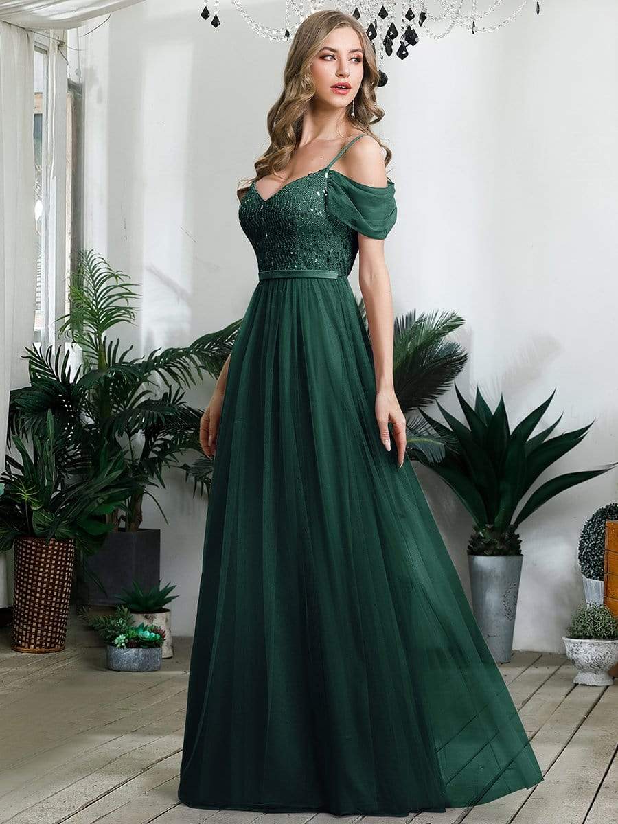 Color=Dark Green | A-Line Sweetheart Neckline Ruffle Sleeve Tulle Bridesmaid Dress With Sequin-Dark Green 3 Color=Dark Green | A-Line Sweetheart Neckline Ruffle Sleeve Tulle Bridesmaid Dress With Sequin-Dark Green 3