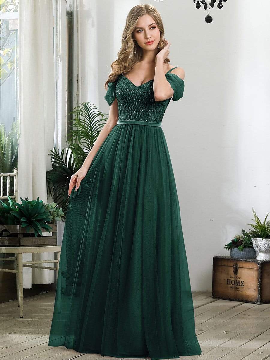 Color=Dark Green | A-Line Sweetheart Neckline Ruffle Sleeve Tulle Bridesmaid Dress With Sequin-Dark Green 4 Color=Dark Green | A-Line Sweetheart Neckline Ruffle Sleeve Tulle Bridesmaid Dress With Sequin-Dark Green 4