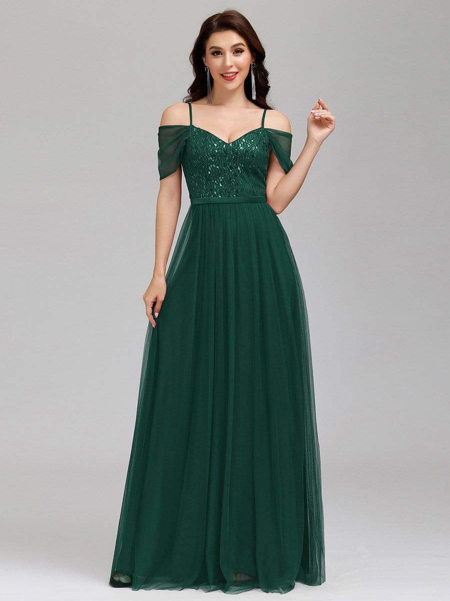 Color=Dark Green | A-Line Sweetheart Neckline Ruffle Sleeve Tulle Bridesmaid Dress With Sequin-Dark Green 3 Color=Dark Green | A-Line Sweetheart Neckline Ruffle Sleeve Tulle Bridesmaid Dress With Sequin-Dark Green 3