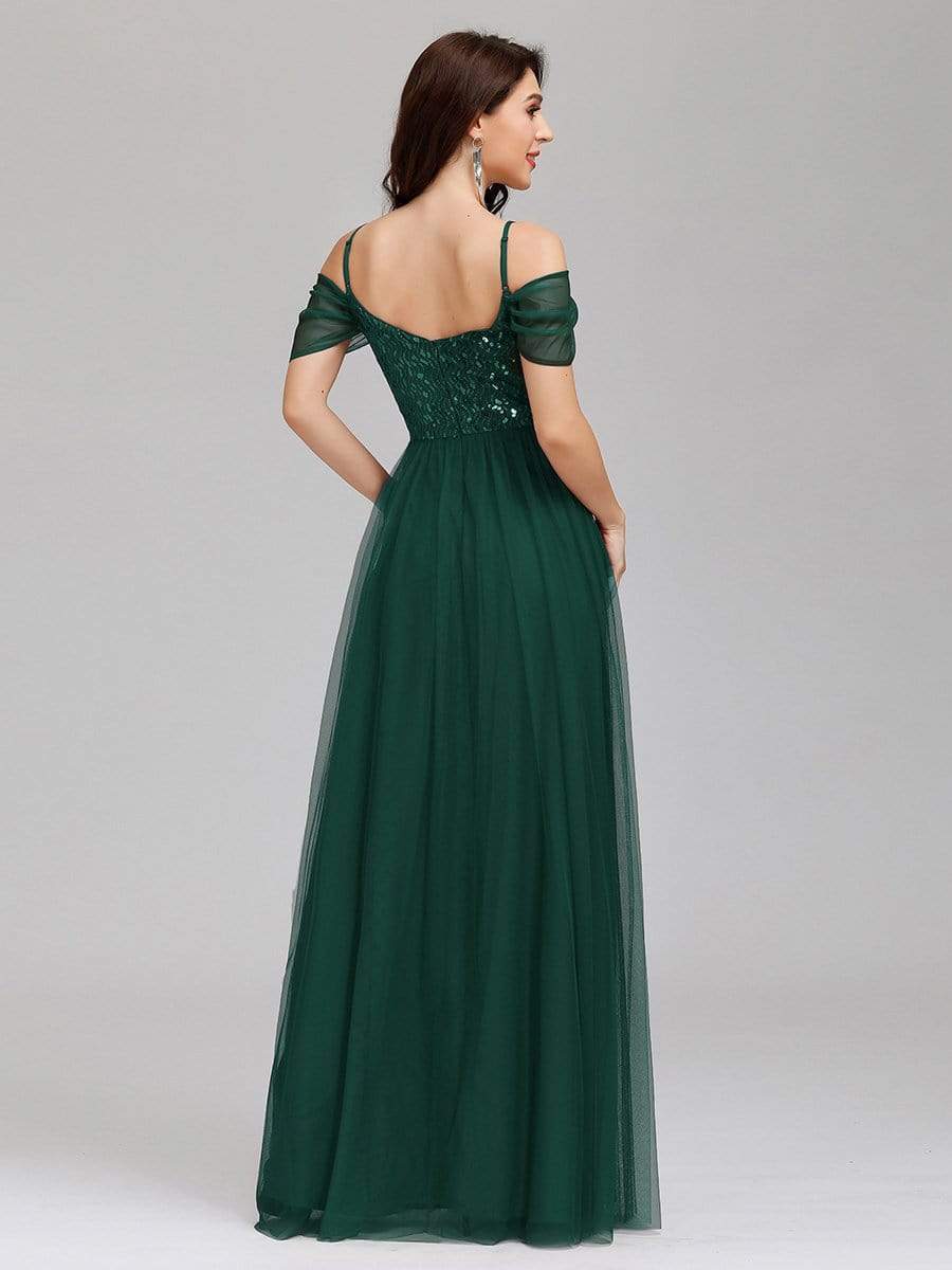 Color=Dark Green | A-Line Sweetheart Neckline Ruffle Sleeve Tulle Bridesmaid Dress With Sequin-Dark Green 1 Color=Dark Green | A-Line Sweetheart Neckline Ruffle Sleeve Tulle Bridesmaid Dress With Sequin-Dark Green 1