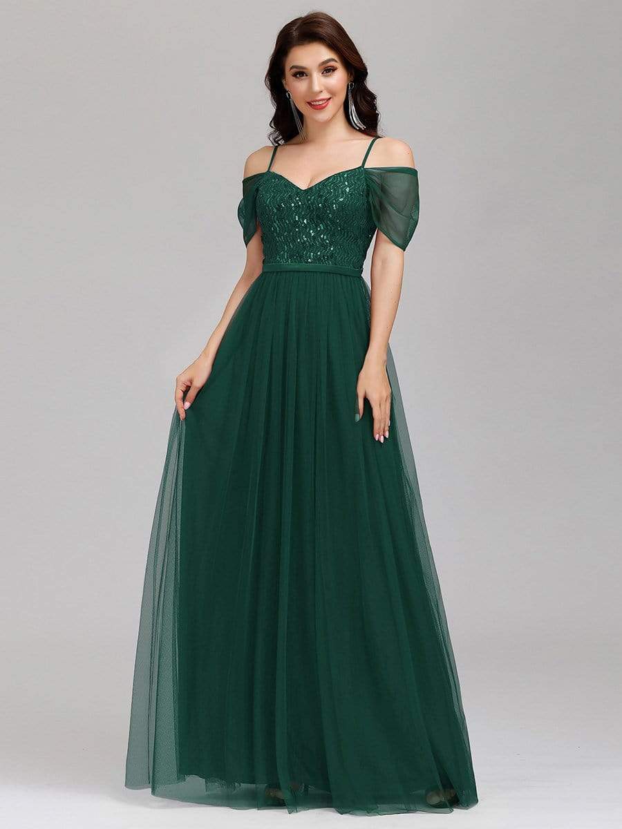 Color=Dark Green | A-Line Sweetheart Neckline Ruffle Sleeve Tulle Bridesmaid Dress With Sequin-Dark Green 2 Color=Dark Green | A-Line Sweetheart Neckline Ruffle Sleeve Tulle Bridesmaid Dress With Sequin-Dark Green 2