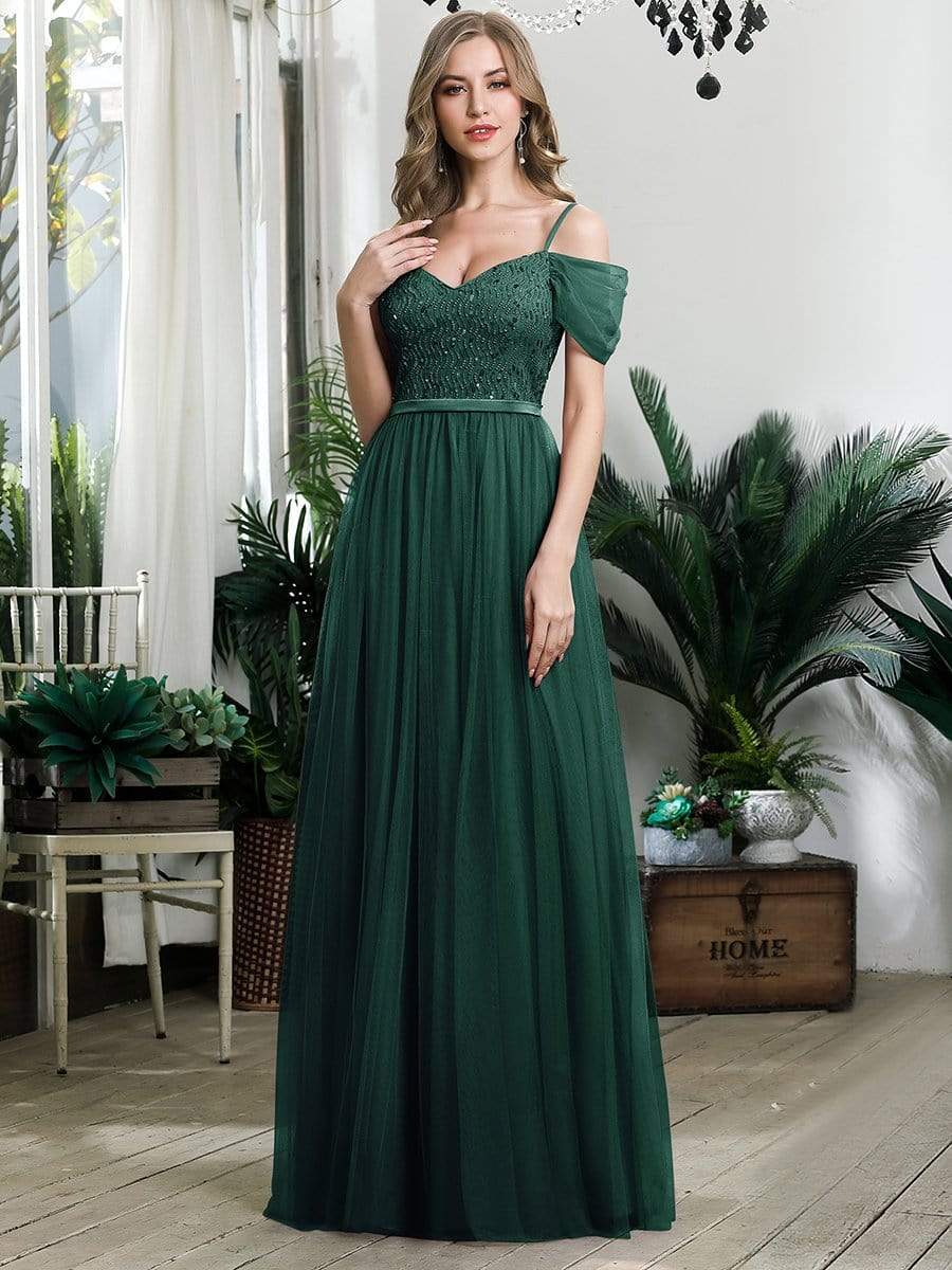 Color=Dark Green | A-Line Sweetheart Neckline Ruffle Sleeve Tulle Bridesmaid Dress With Sequin-Dark Green 1 Color=Dark Green | A-Line Sweetheart Neckline Ruffle Sleeve Tulle Bridesmaid Dress With Sequin-Dark Green 1