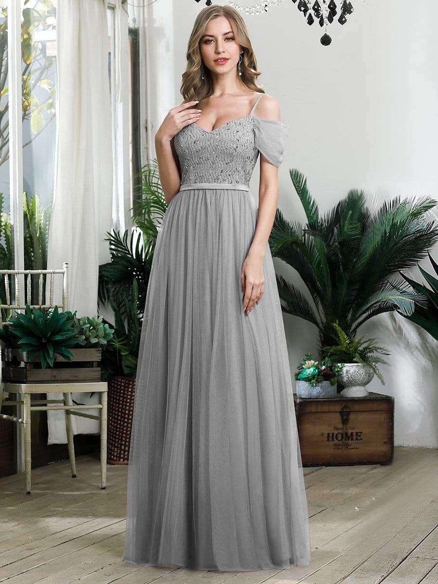 Color=Grey | A-Line Sweetheart Neckline Ruffle Sleeve Tulle Bridesmaid Dress With Sequin-Grey 4 Color=Grey | A-Line Sweetheart Neckline Ruffle Sleeve Tulle Bridesmaid Dress With Sequin-Grey 4