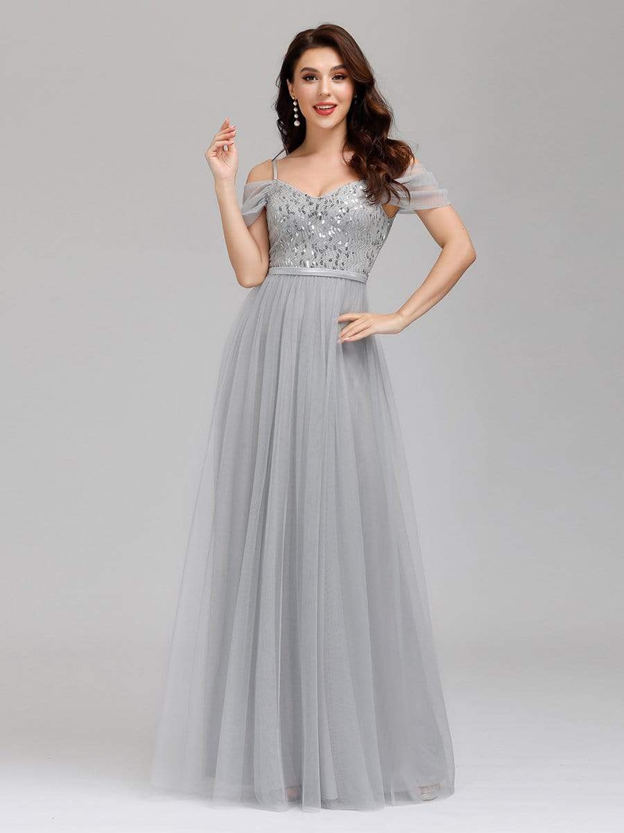 Color=Grey | A-Line Sweetheart Neckline Ruffle Sleeve Tulle Bridesmaid Dress With Sequin-Grey 6 Color=Grey | A-Line Sweetheart Neckline Ruffle Sleeve Tulle Bridesmaid Dress With Sequin-Grey 6