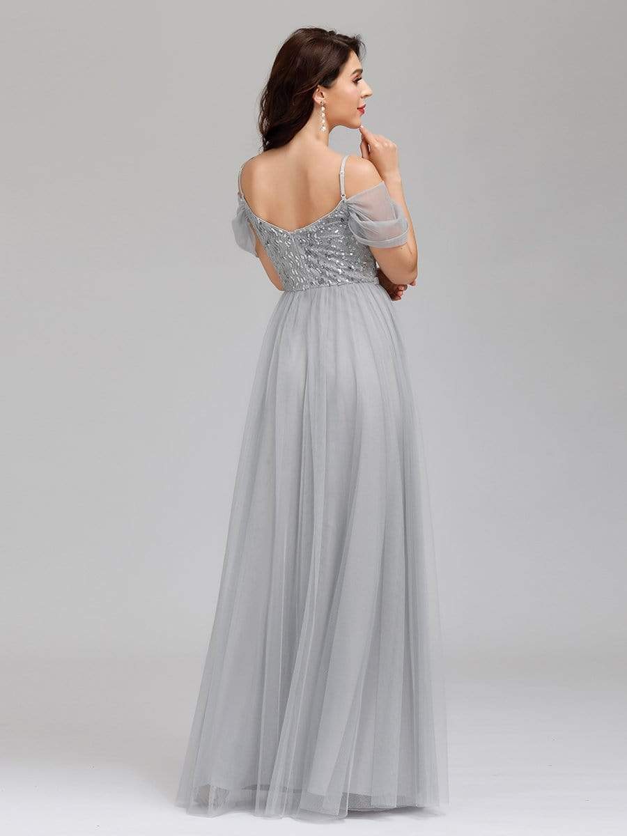 Color=Grey | A-Line Sweetheart Neckline Ruffle Sleeve Tulle Bridesmaid Dress With Sequin-Grey 7 Color=Grey | A-Line Sweetheart Neckline Ruffle Sleeve Tulle Bridesmaid Dress With Sequin-Grey 7