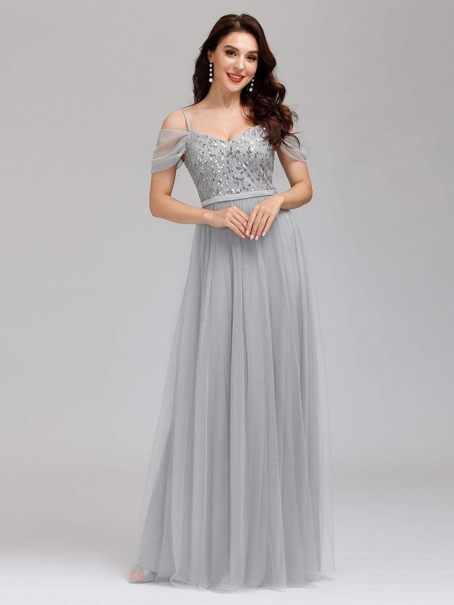 Color=Grey | A-Line Sweetheart Neckline Ruffle Sleeve Tulle Bridesmaid Dress With Sequin-Grey 9 Color=Grey | A-Line Sweetheart Neckline Ruffle Sleeve Tulle Bridesmaid Dress With Sequin-Grey 9
