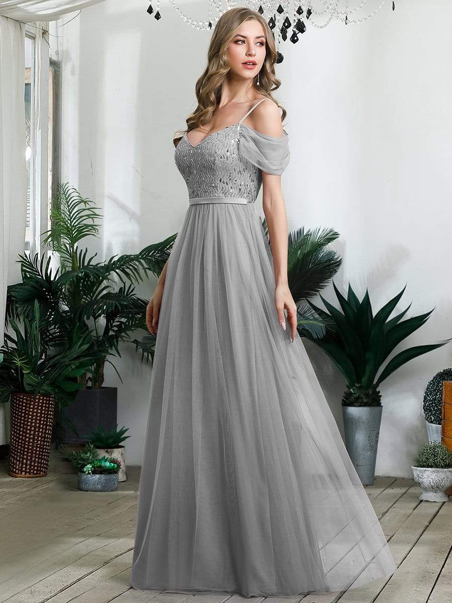 Color=Grey | A-Line Sweetheart Neckline Ruffle Sleeve Tulle Bridesmaid Dress With Sequin-Grey 1 Color=Grey | A-Line Sweetheart Neckline Ruffle Sleeve Tulle Bridesmaid Dress With Sequin-Grey 1