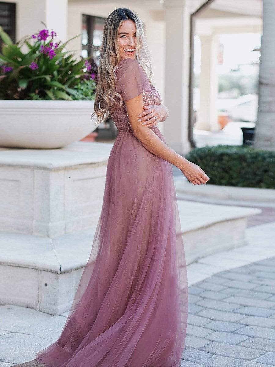 Color=Purple Orchid | A-Line Sweetheart Neckline Ruffle Sleeve Tulle Bridesmaid Dress With Sequin-Purple Orchid 5 Color=Purple Orchid | A-Line Sweetheart Neckline Ruffle Sleeve Tulle Bridesmaid Dress With Sequin-Purple Orchid 5