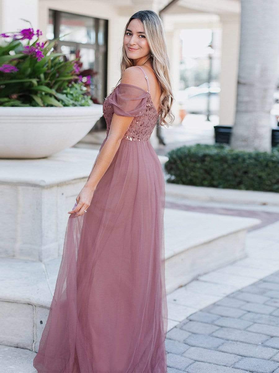 Color=Purple Orchid | A-Line Sweetheart Neckline Ruffle Sleeve Tulle Bridesmaid Dress With Sequin-Purple Orchid 6 Color=Purple Orchid | A-Line Sweetheart Neckline Ruffle Sleeve Tulle Bridesmaid Dress With Sequin-Purple Orchid 6