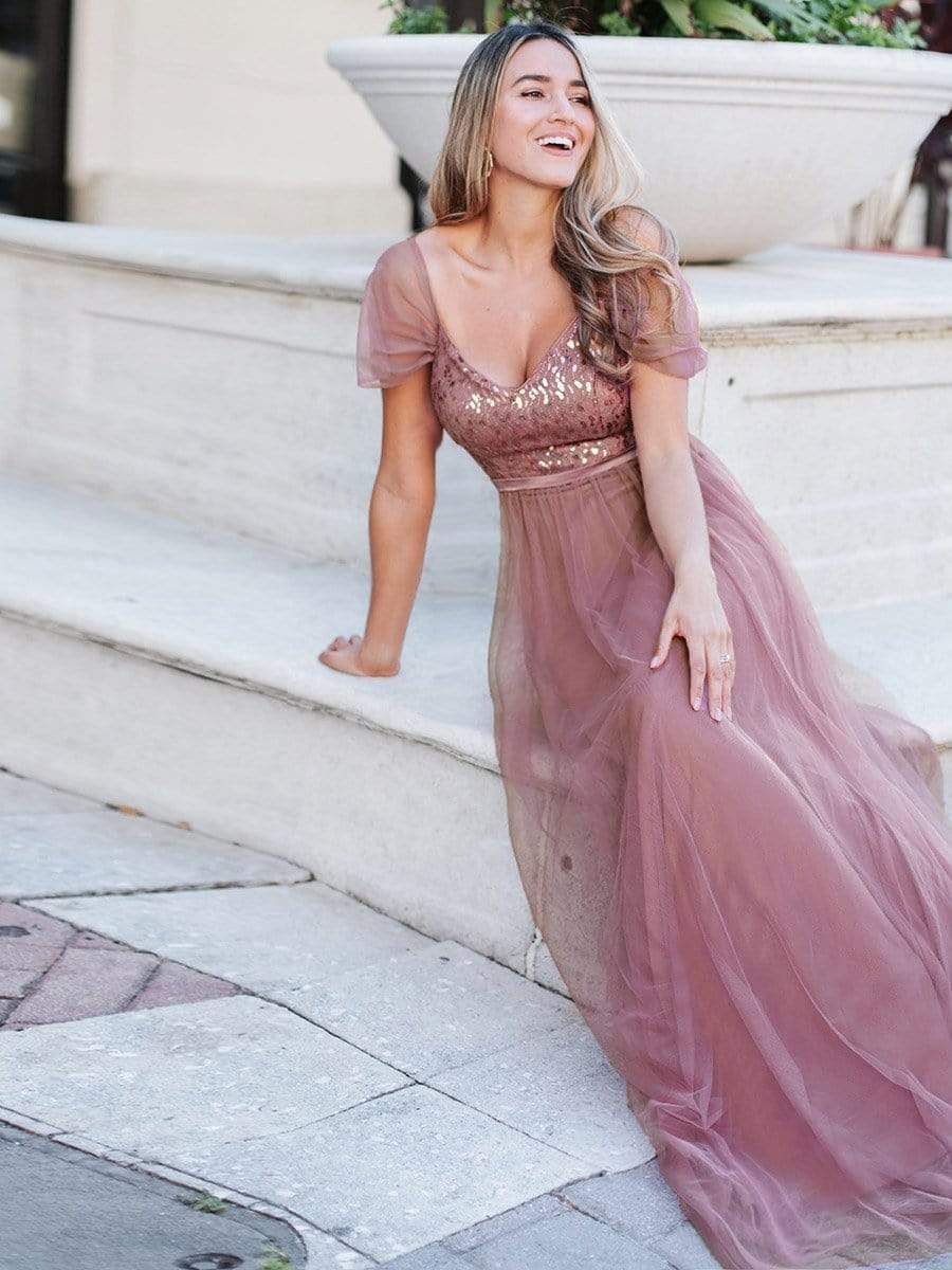Color=Purple Orchid | A-Line Sweetheart Neckline Ruffle Sleeve Tulle Bridesmaid Dress With Sequin-Purple Orchid 2 Color=Purple Orchid | A-Line Sweetheart Neckline Ruffle Sleeve Tulle Bridesmaid Dress With Sequin-Purple Orchid 2