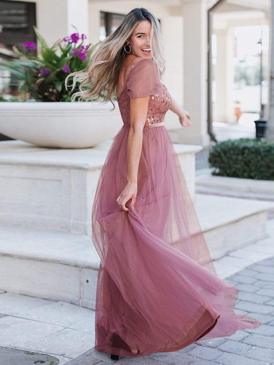 Color=Purple Orchid | A-Line Sweetheart Neckline Ruffle Sleeve Tulle Bridesmaid Dress With Sequin-Purple Orchid 4 Color=Purple Orchid | A-Line Sweetheart Neckline Ruffle Sleeve Tulle Bridesmaid Dress With Sequin-Purple Orchid 4