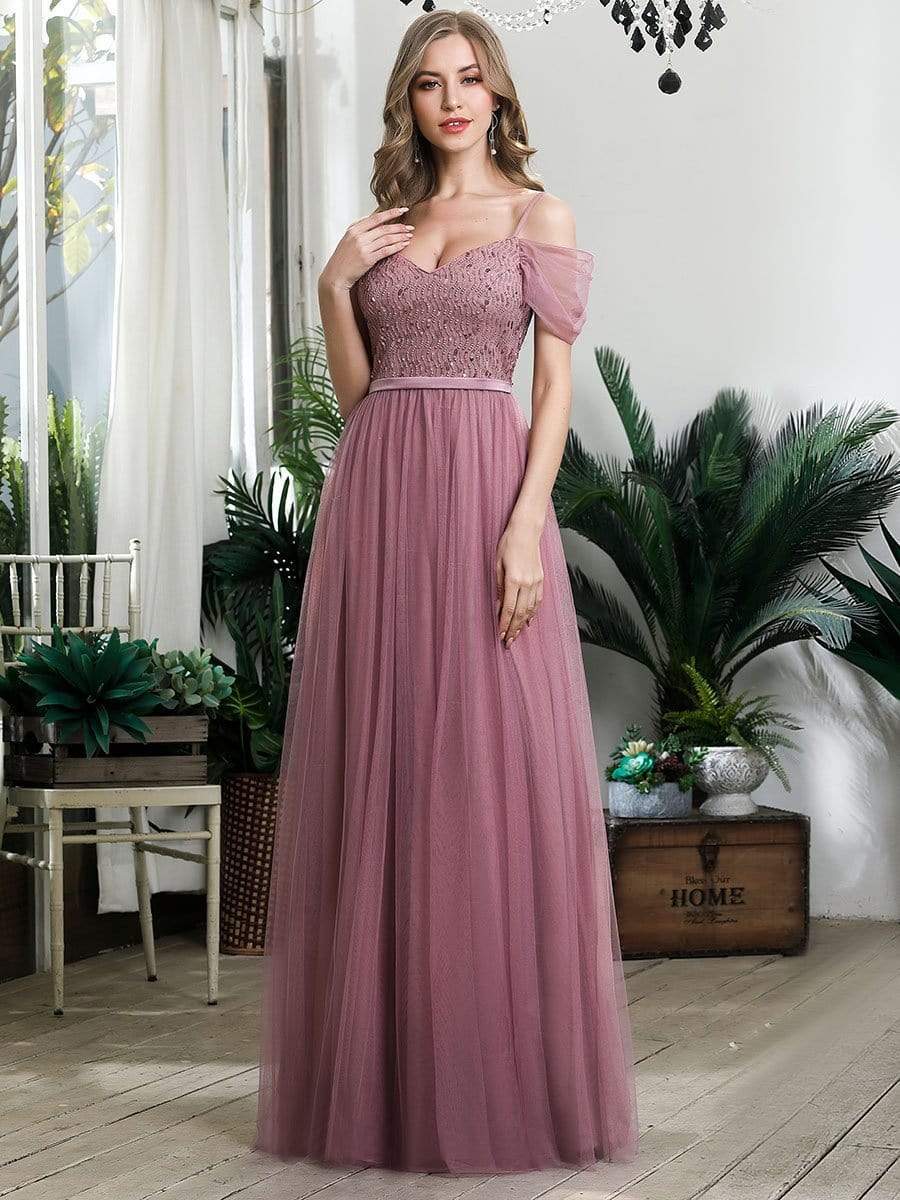 Color=Purple Orchid | A-Line Sweetheart Neckline Ruffle Sleeve Tulle Bridesmaid Dress With Sequin-Purple Orchid 7 Color=Purple Orchid | A-Line Sweetheart Neckline Ruffle Sleeve Tulle Bridesmaid Dress With Sequin-Purple Orchid 7