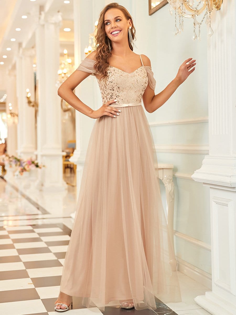 Color=Rose Gold | A-Line Sweetheart Neckline Ruffle Sleeve Tulle Bridesmaid Dress With Sequin-Rose Gold 1 Color=Rose Gold | A-Line Sweetheart Neckline Ruffle Sleeve Tulle Bridesmaid Dress With Sequin-Rose Gold 1