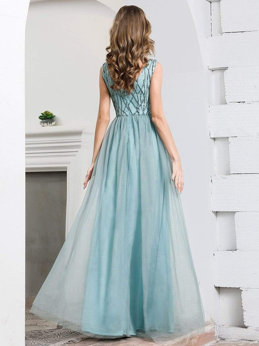 Color=Dusty Blue | Deep V Neck A-Line Sleeveless Tulle Bridesmaid Dress with Irregular Sequin-2 Color=Dusty Blue | Deep V Neck A-Line Sleeveless Tulle Bridesmaid Dress with Irregular Sequin-2