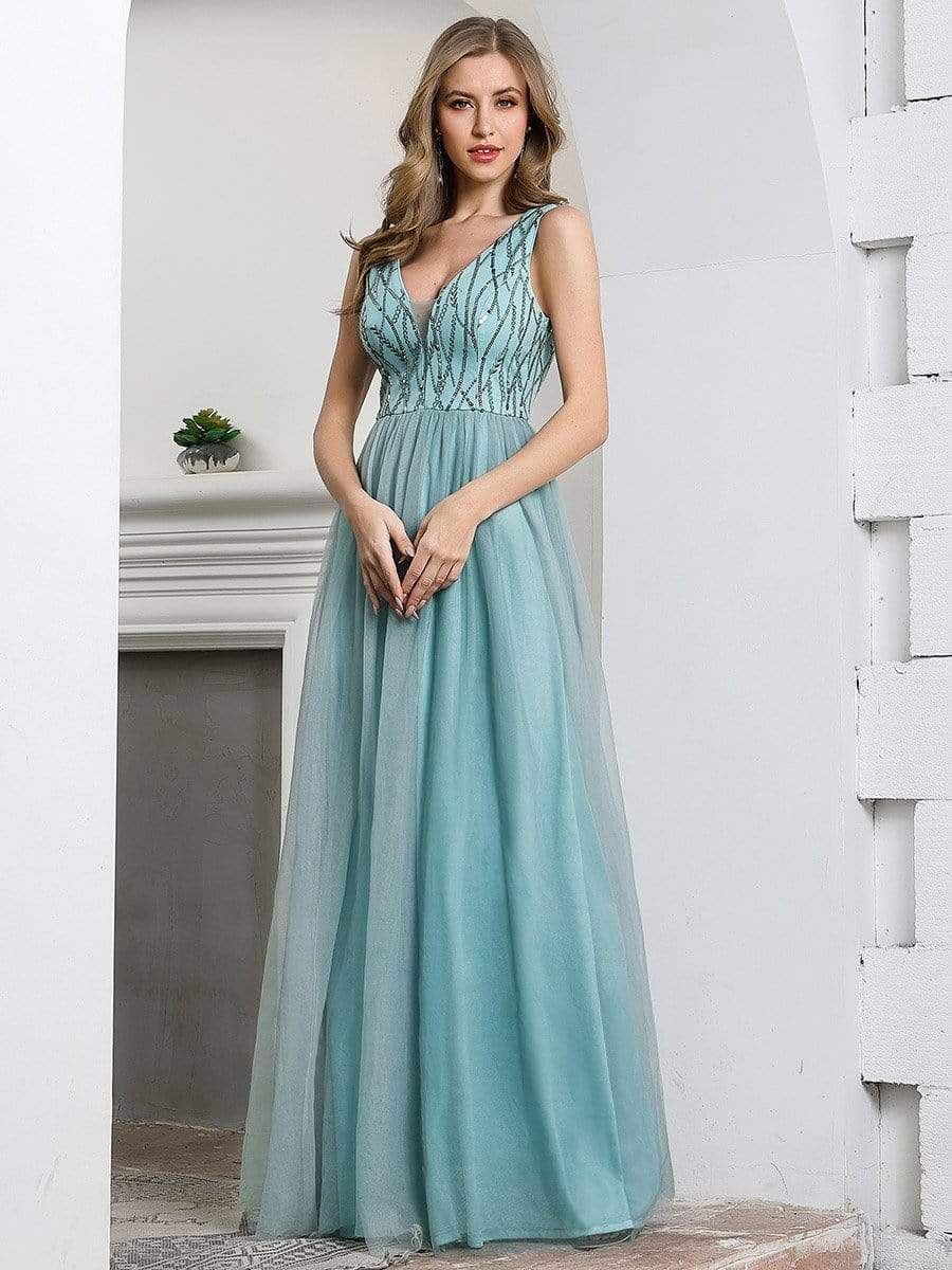 Color=Dusty Blue | Deep V Neck A-Line Sleeveless Tulle Bridesmaid Dress with Irregular Sequin-3 Color=Dusty Blue | Deep V Neck A-Line Sleeveless Tulle Bridesmaid Dress with Irregular Sequin-3