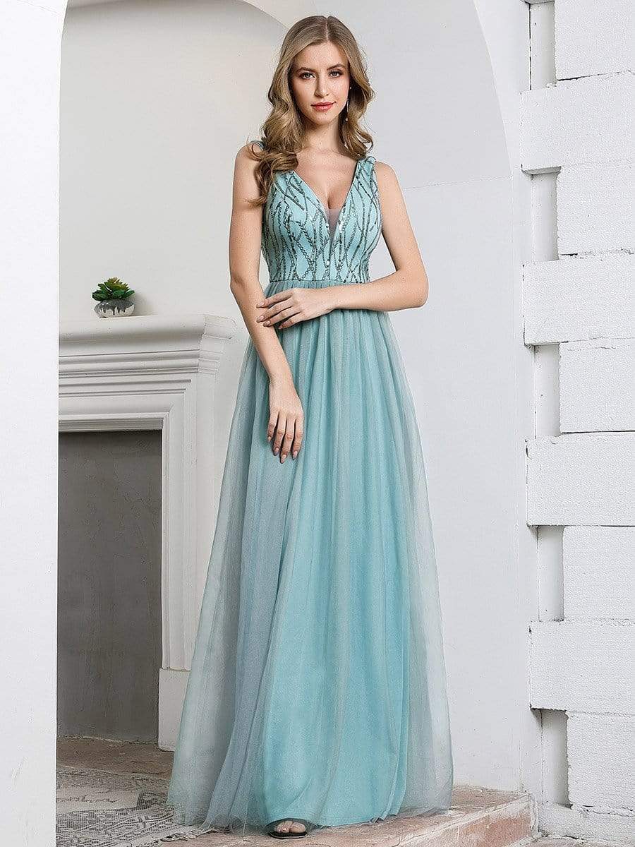 Color=Dusty Blue | Deep V Neck A-Line Sleeveless Tulle Bridesmaid Dress with Irregular Sequin-1 Color=Dusty Blue | Deep V Neck A-Line Sleeveless Tulle Bridesmaid Dress with Irregular Sequin-1