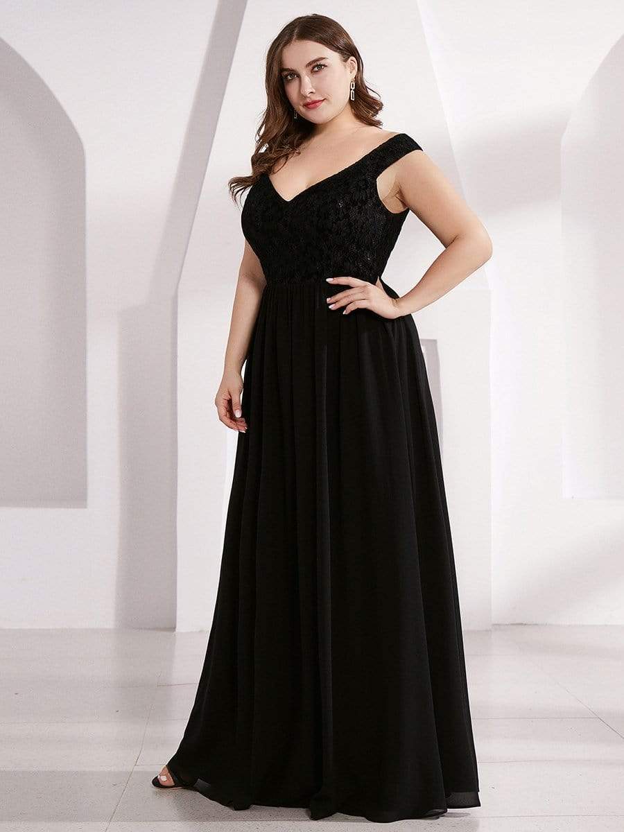Color=Black | Plus Size Elegant Flowy V Neck Chiffon Evening Dress-Black 4 Color=Black | Plus Size Elegant Flowy V Neck Chiffon Evening Dress-Black 4