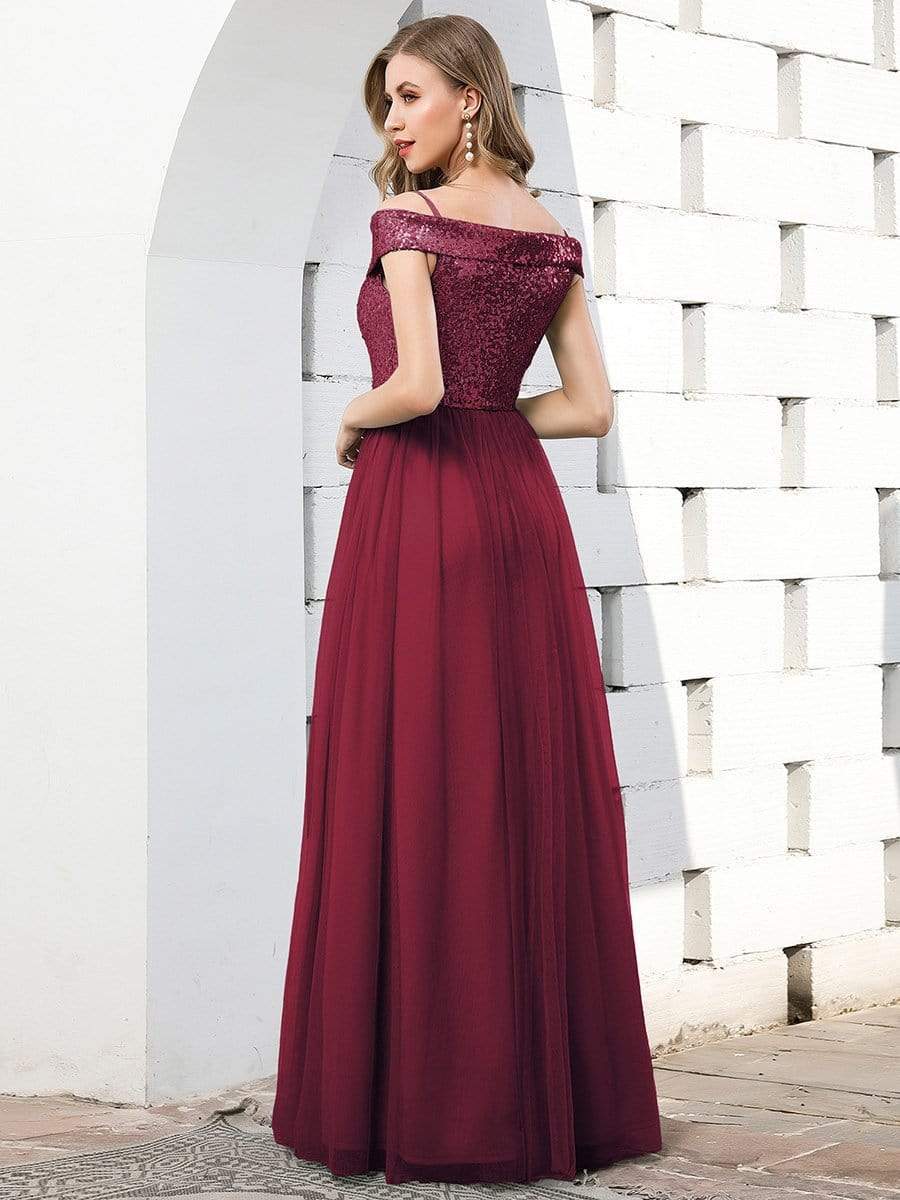 Color=Burgundy | Romantic Off Shoulder V Neck Tulle Bridesmaid Dress With Strap-Burgundy 2 Color=Burgundy | Romantic Off Shoulder V Neck Tulle Bridesmaid Dress With Strap-Burgundy 2